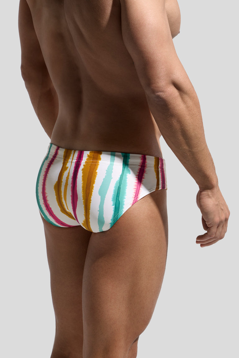 image of swimwear slip in Eivissa print back view on male model by bas bains