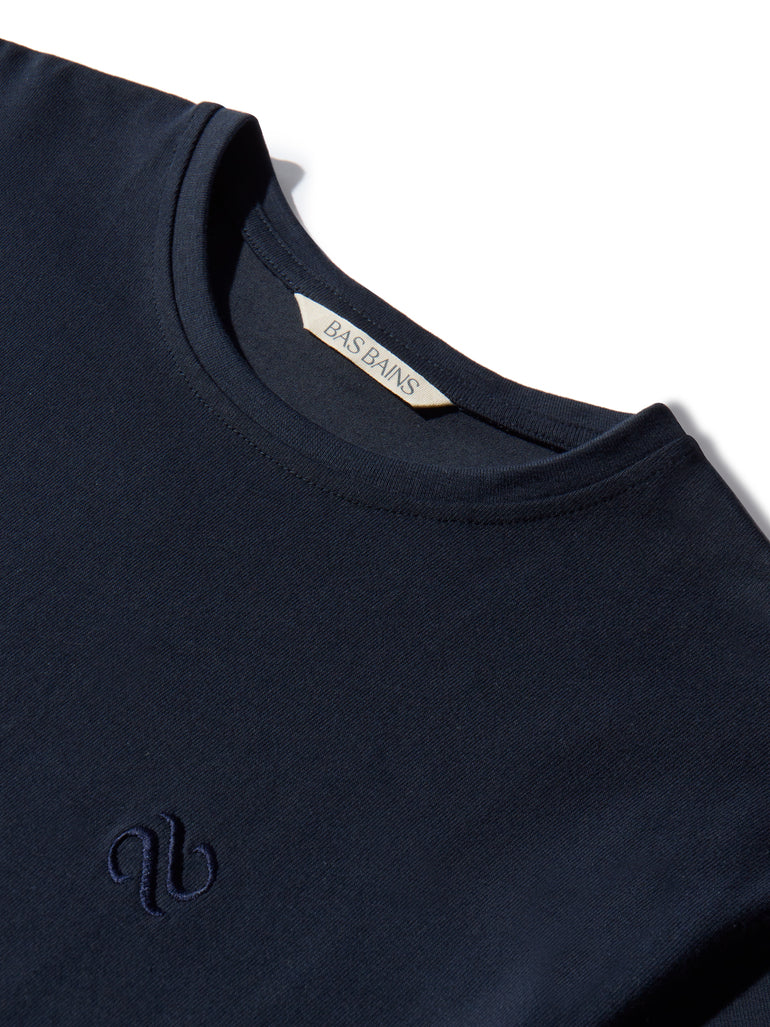 image of organic cotton T-shirt in Marino Blue detail view by Bas Bains