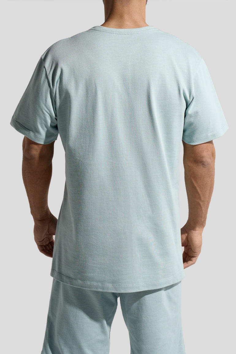 image of organic cotton T-shirt in Menta green back view on male model by Bas Bains