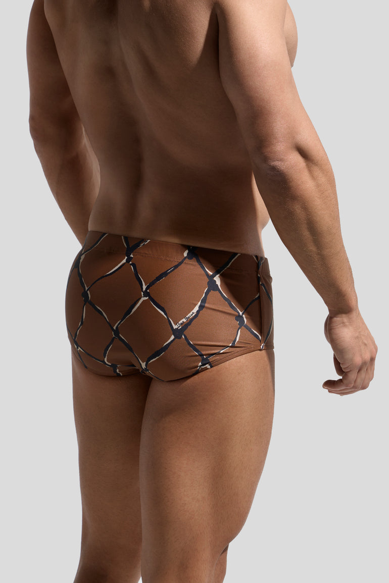 image of swimwear sunga in Pescador print back view on male model by Bas Bains